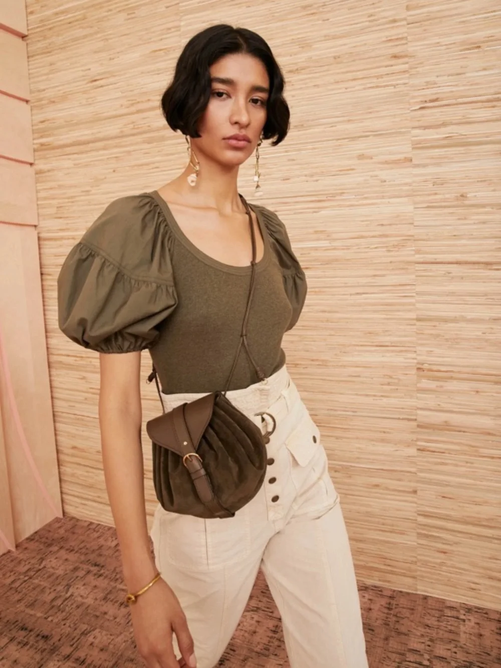 Ulla Johnson Harlowe Puff Sleeve Rib Knit Top Military Melange Olive Green Small - Picture 8 of 11